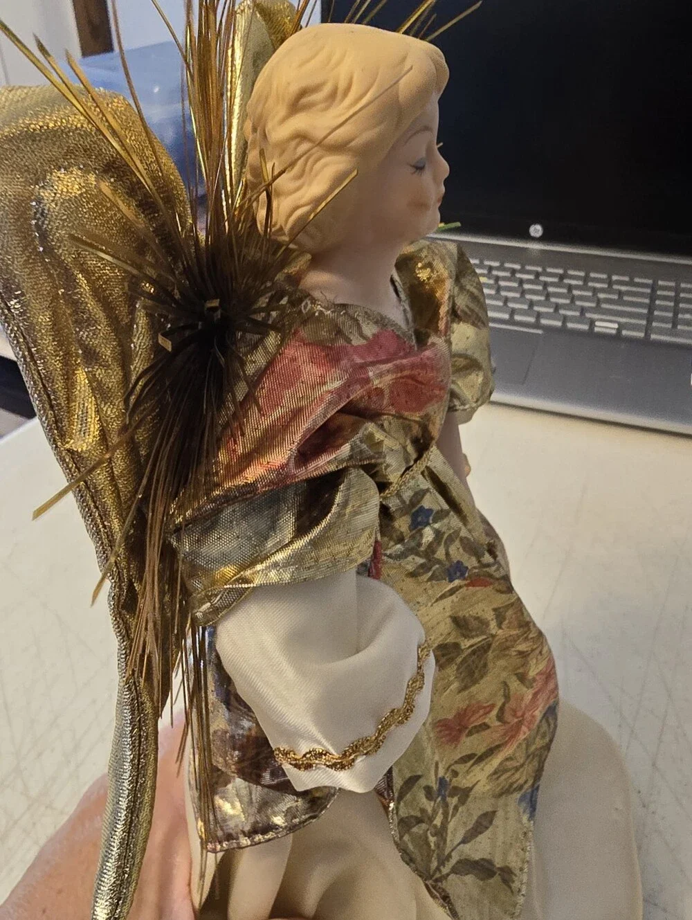 Vintage Porcelain Christmas Angel Tree Topper Elegant Gold Color 10.5